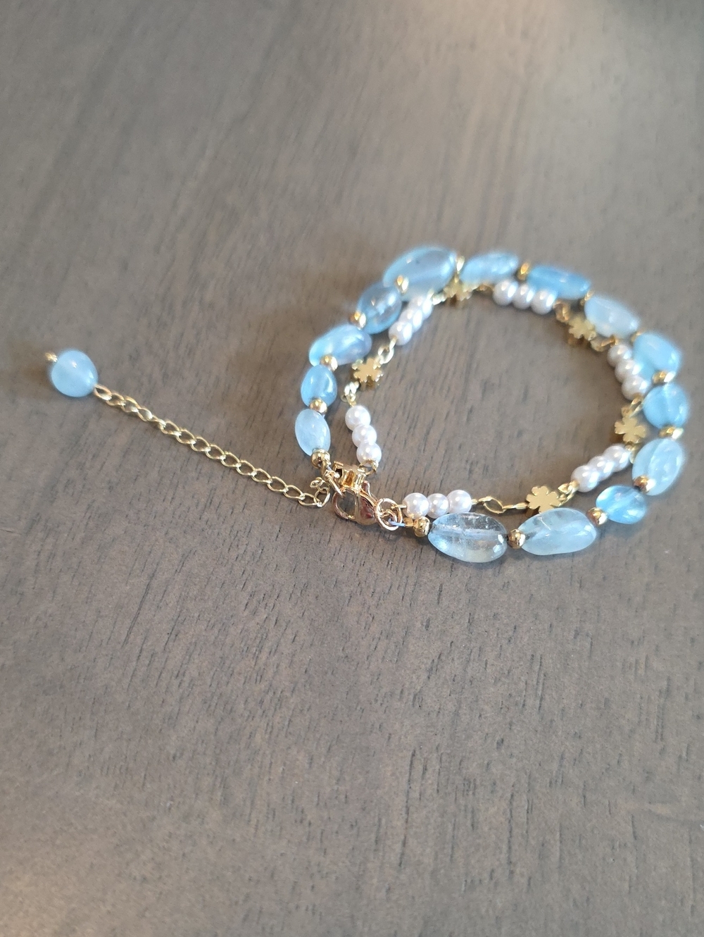 Gold & Aquamarie Beaded Multi-Strand Bracelet with Pearl Dangle Charm